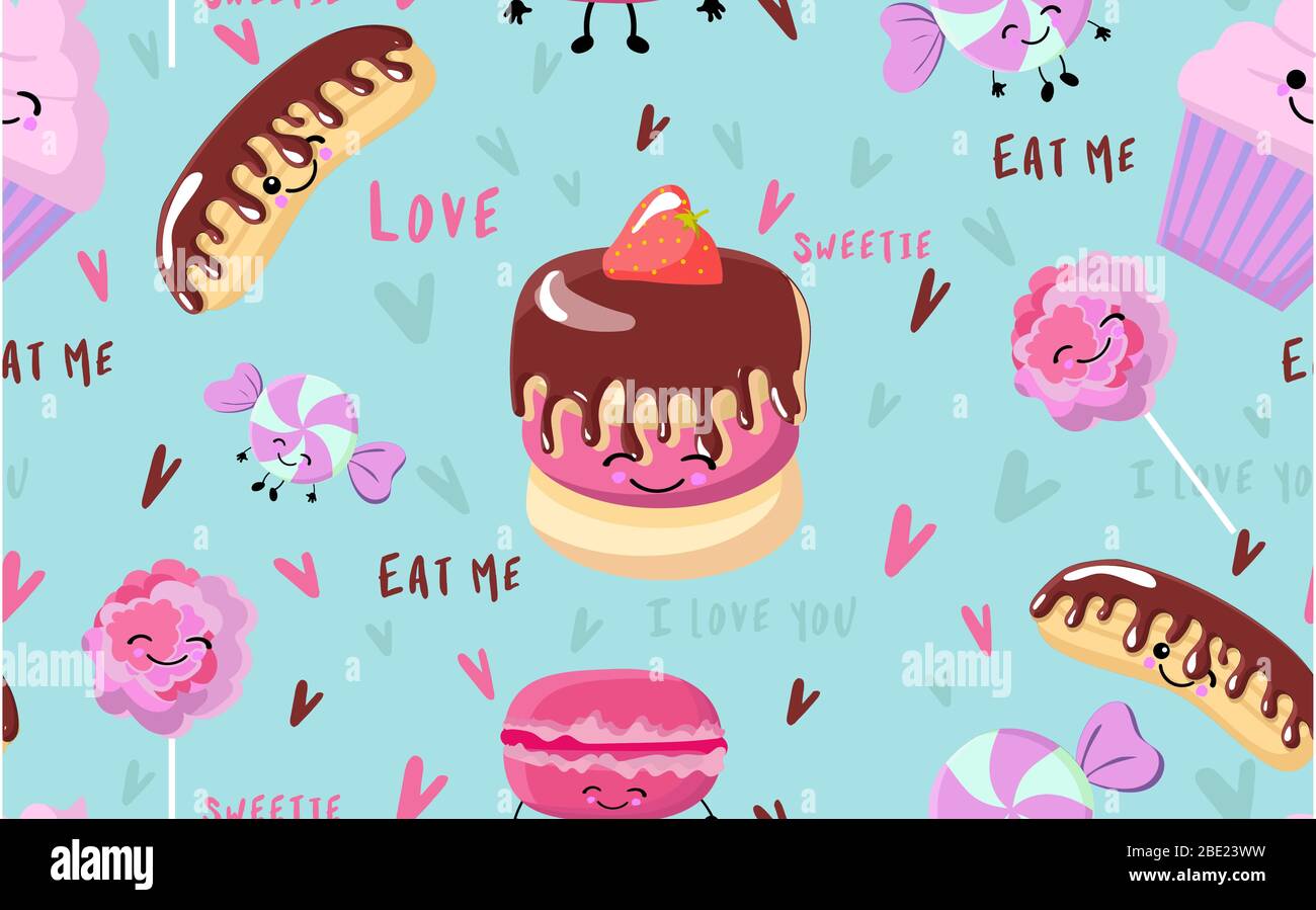 Vector estate senza cuciture, dolci, gelato, papicolo, torta e cupcakes. Lettere d'amore. Illustrazione Vettoriale