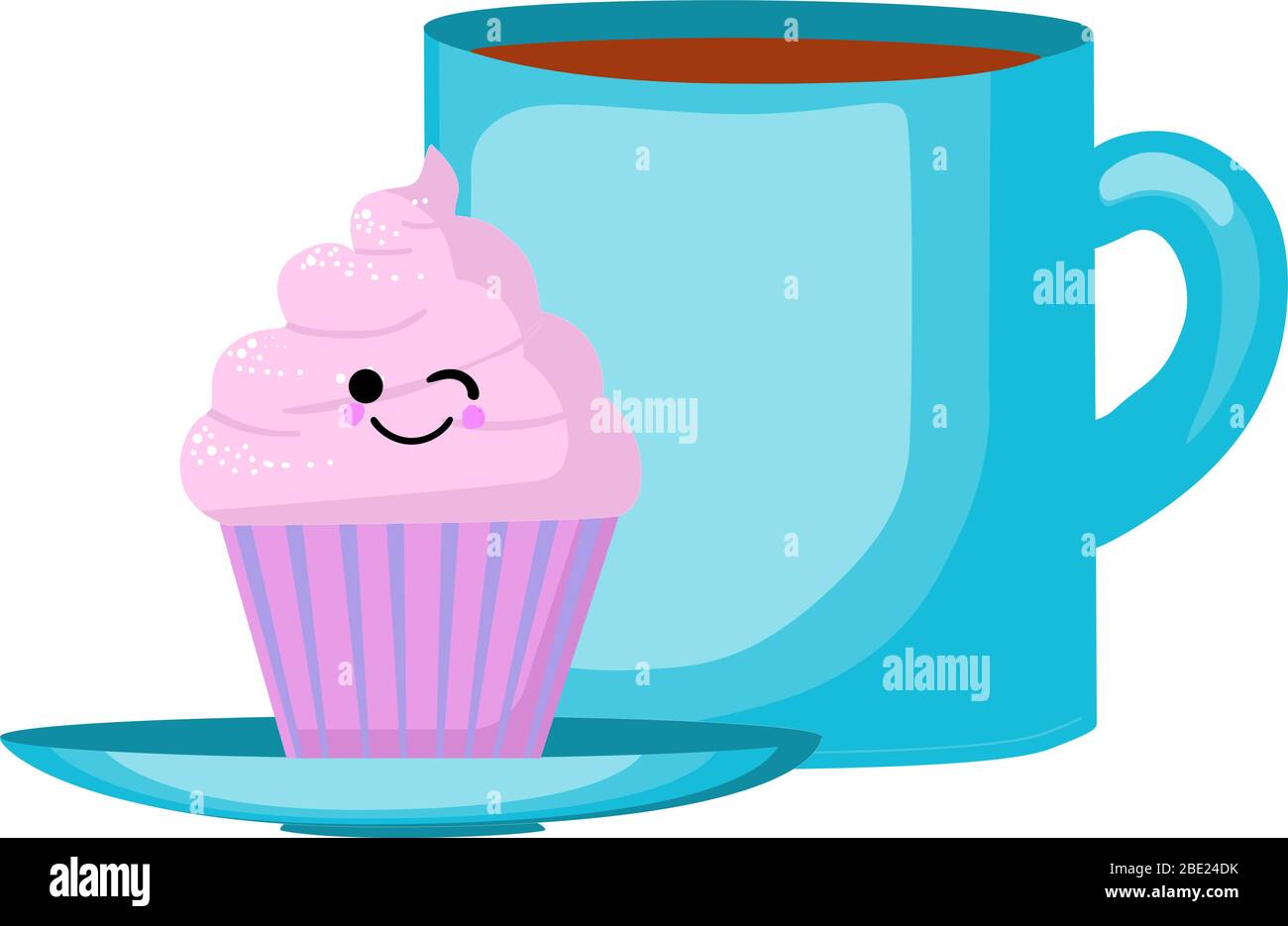 Cartoon kawaii dolce food - cartoncino con torta di ciliegia o cupcake, porridge con latte, biscotti al cioccolato con tè o caffè su sfondo bianco Illustrazione Vettoriale
