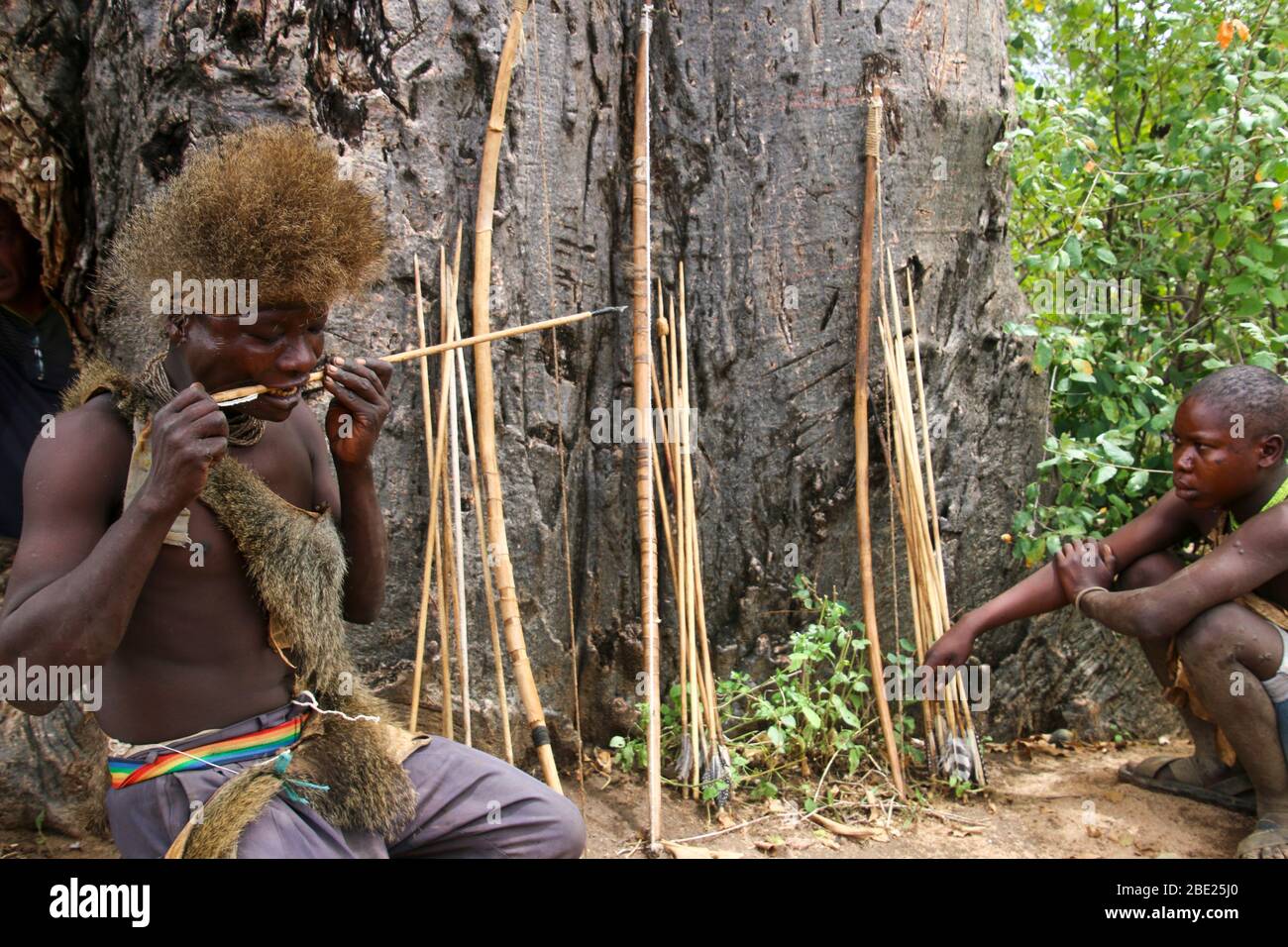 Gli uomini di Hadza preparano le frecce prima di una spedizione di caccia fotografata al lago Eyasi, Tanzania Foto Stock