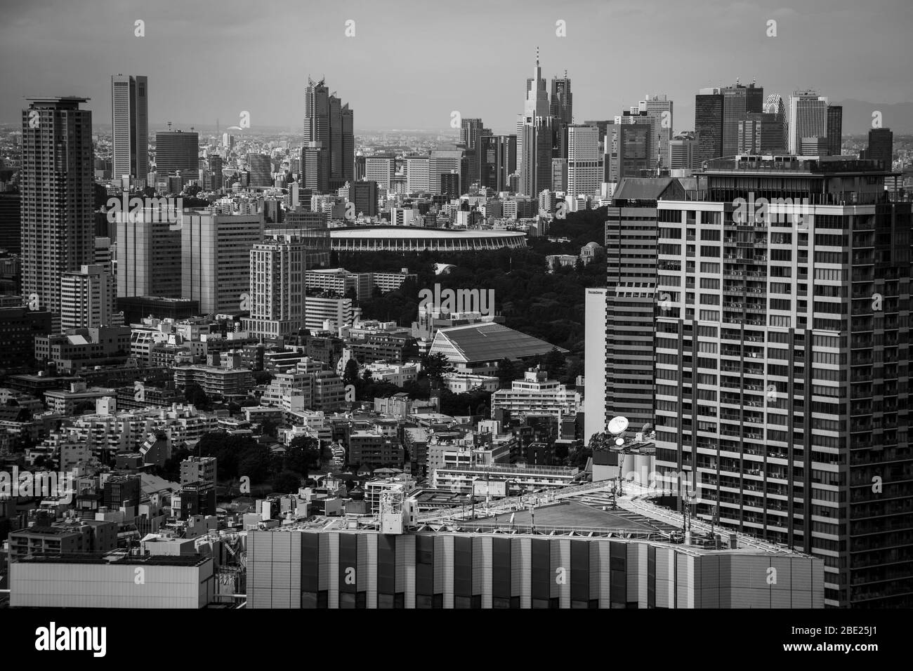 Vista da The Okura Tokyo, quartiere di Minato, Giappone, verso Shinjuku: un edificio ovale con tetto chiaro si trova tra gli alberi, con lo skyline dei grattacieli formato da diverse torri per uffici snelle che si ergono sullo sfondo. Foto Stock