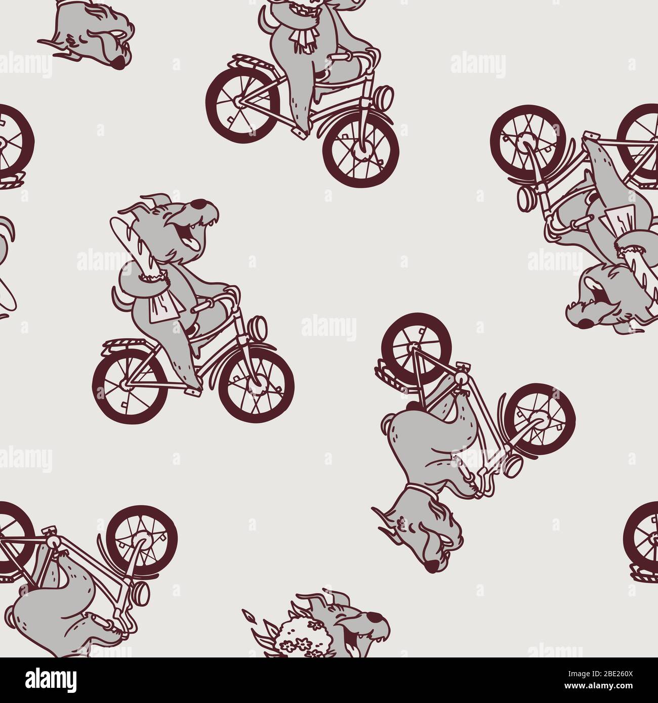 Modello monocromatico senza cuciture con cane da cartone animato su un bouquet in bici. Illustrazione Vettoriale