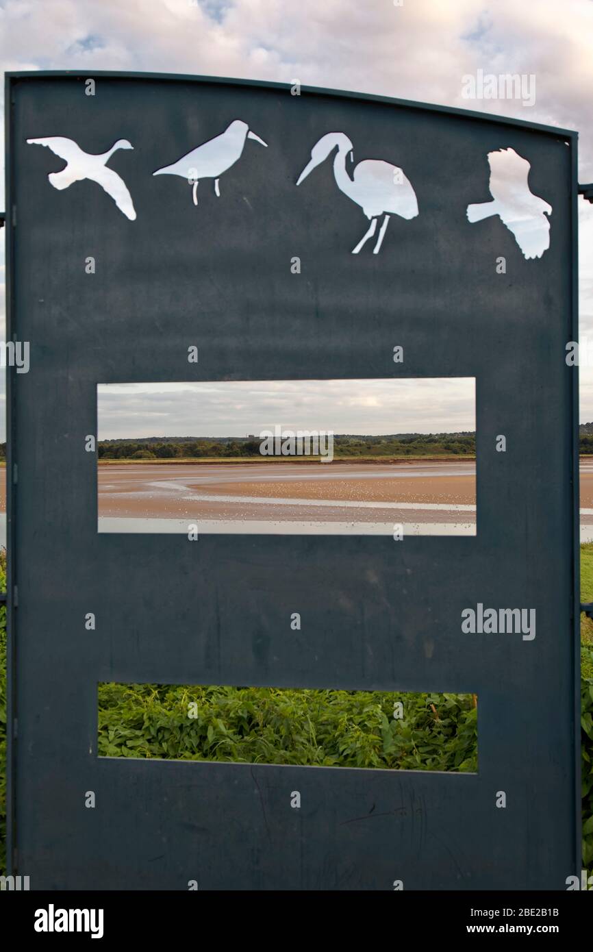 Pellame di uccelli e opere d'arte a Widnes Warth sull'estuario del Mersey - un'area di passaggi sopraelevati sopra i letti a canna popolare per il birdwatching Foto Stock