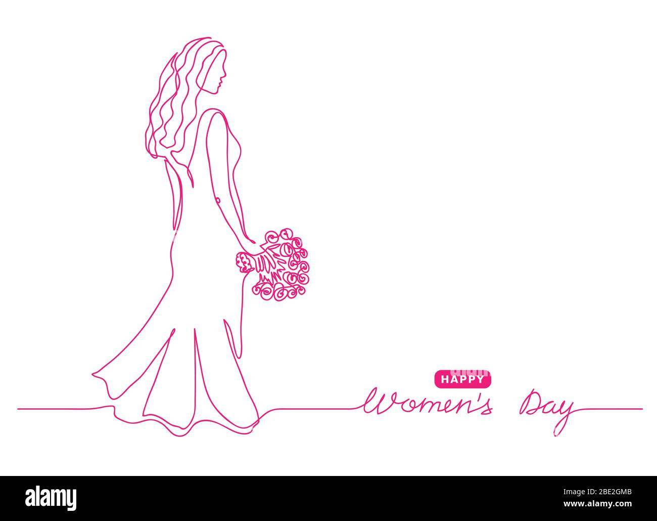 Disegno linea rosa donna. Informazioni generali di marzo 8. Felice giorno delle donne un disegno continuo della linea. Bella donna con bouquet. Illustrazione Vettoriale