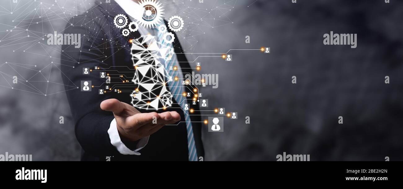 Innovazione planare e idea di leader professionale in possesso di cavallo scacchi, business persone planare e analisi lavoro con icona lavoratore su buio bokeh backg Foto Stock