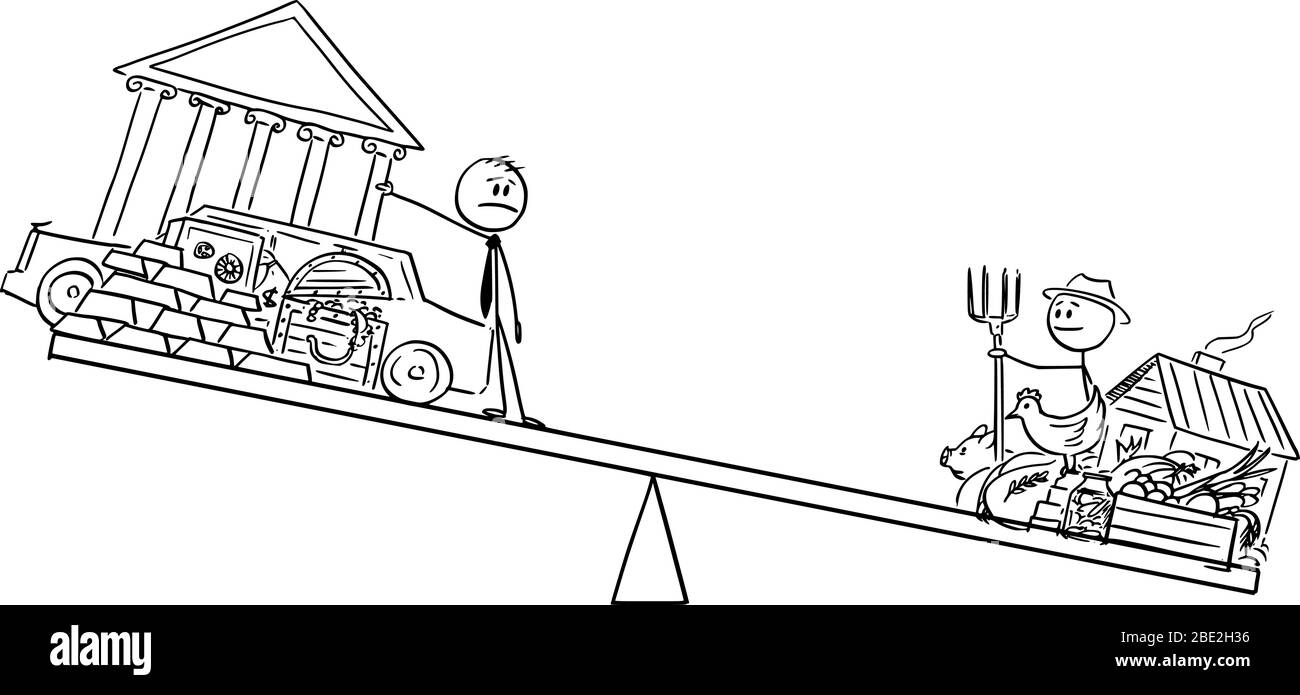 Figura di bastone cartoon vettoriale che disegnano illustrazione concettuale di ricco uomo e povero contadino su scale di equilibrio. Il cibo è più importante dell'oro e della proprietà in crisi. Illustrazione Vettoriale