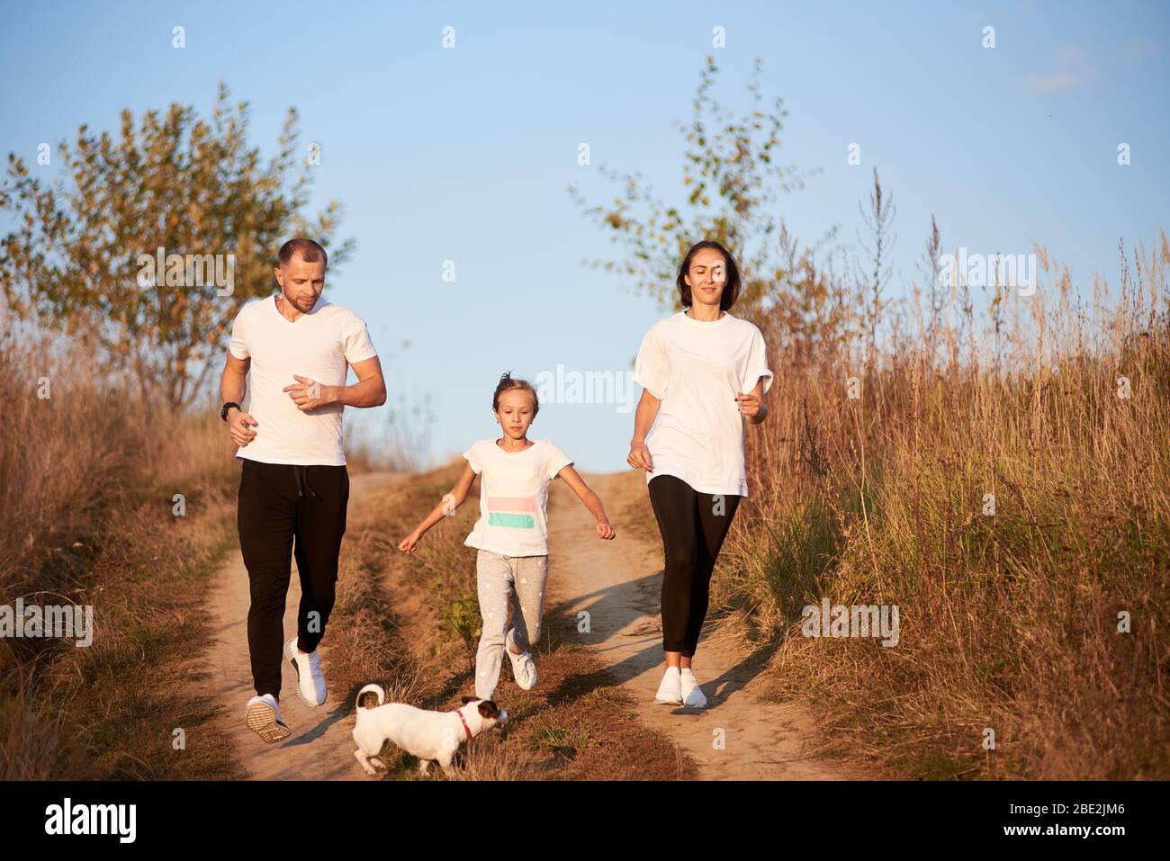 Vista frontale di una famiglia giovane e sana - padre, madre e figlia stanno facendo jogging con il loro jack russell terrier, fuori dalla città, sulla strada del villaggio al sole Foto Stock