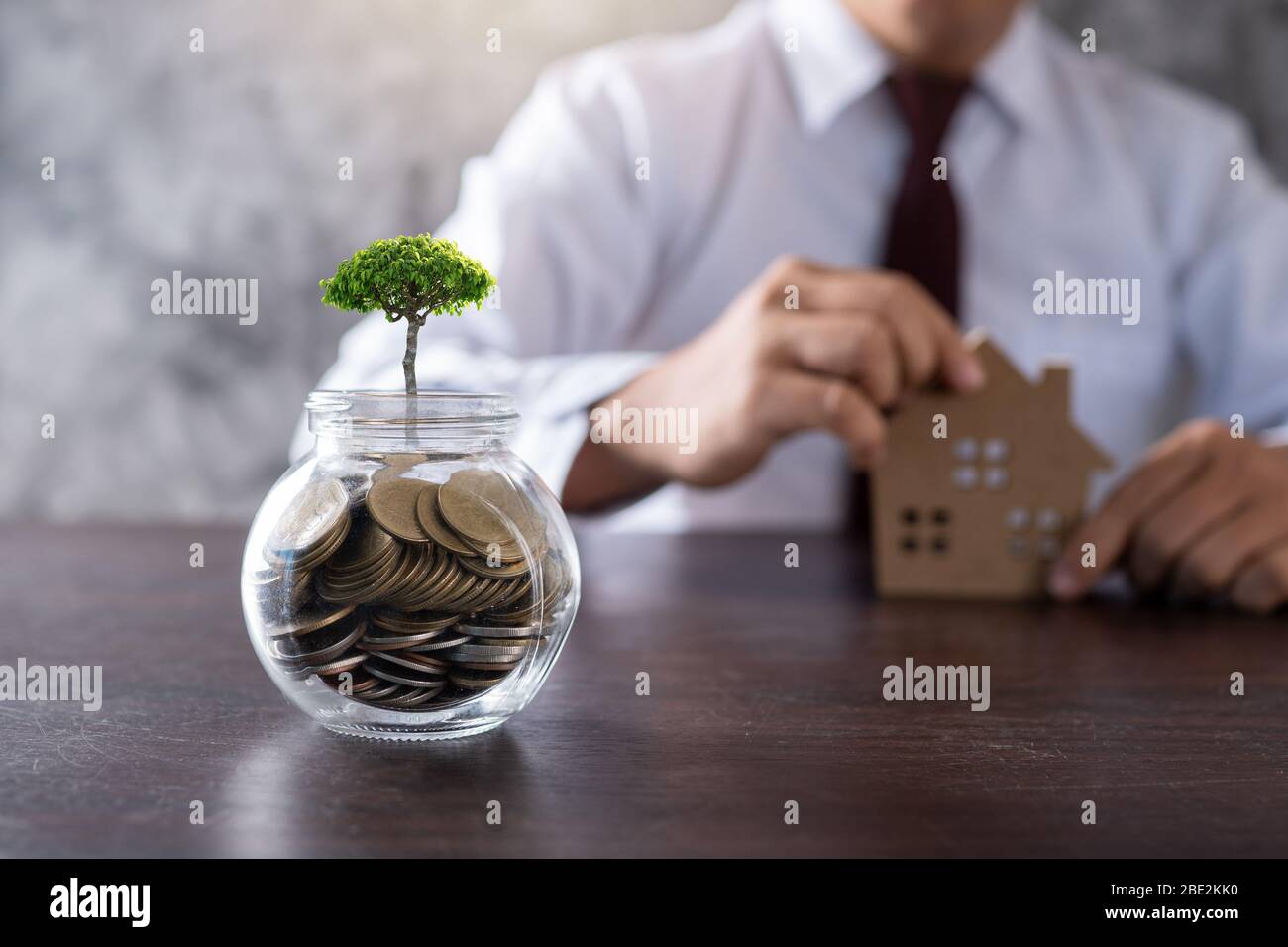 piccolo albero che cresce su su vaso di moneta con l'uomo di affari o il banchiere mostra sfondo immobiliare Foto Stock