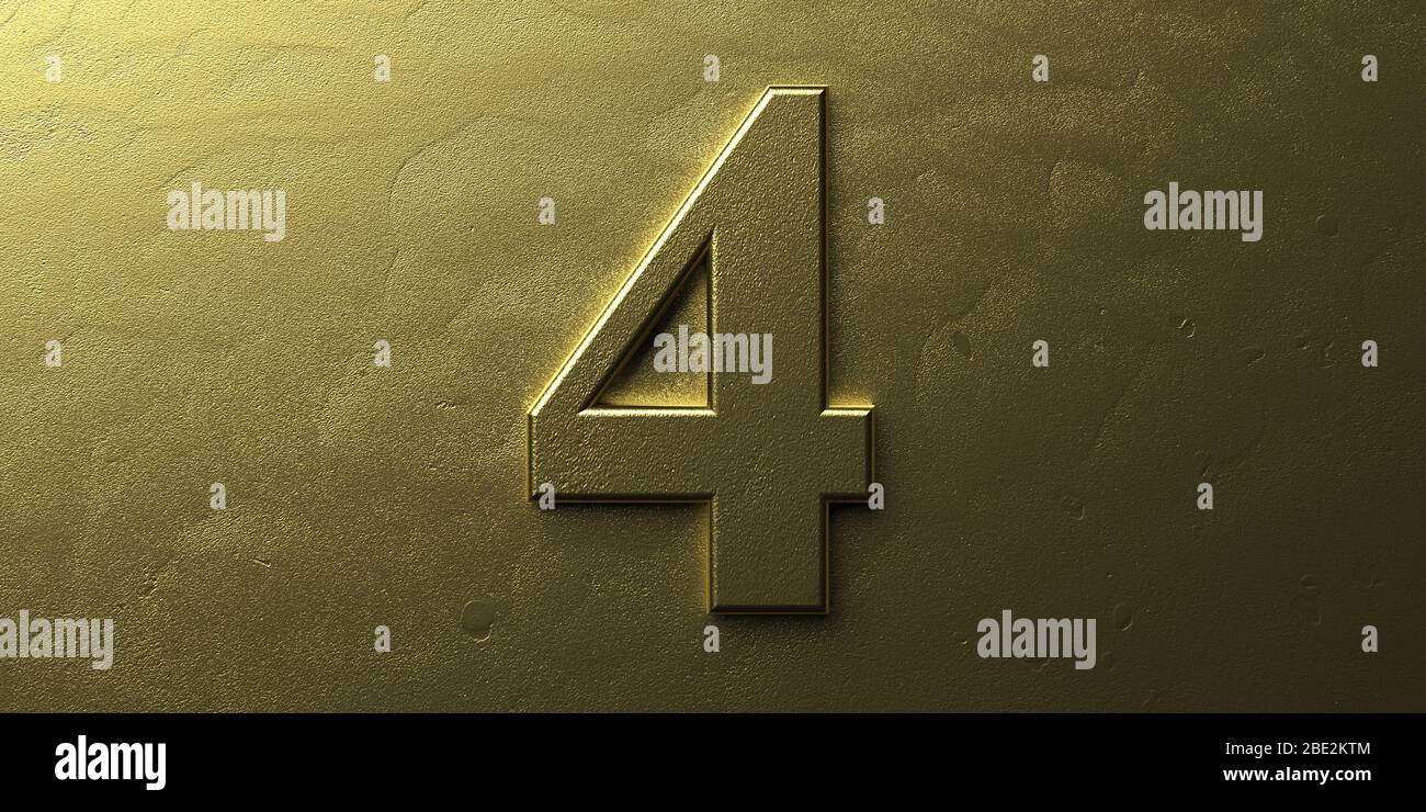 Quattro, numero 4. Colore oro lucido Digit 4 su sfondo oro metallo lusso. Carattere per anniversario, festa. illustrazione 3d Foto Stock