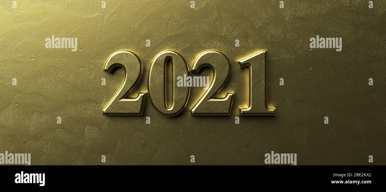 2021 nuovo anno, prospero e ricco. Numero 2021 oro su sfondo dorato. Segno lucido, carta di benvenuto business. illustrazione 3d Foto Stock