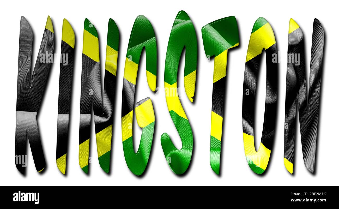 Parola Kingston con una trama bandiera giamaicana smussata su uno sfondo bianco isolato con un tracciato di ritaglio con e senza ombre Foto Stock
