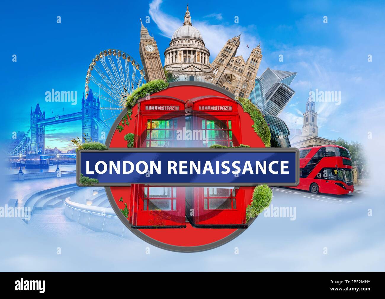 Disegno grafico dei più importanti monumenti di Londra che circondano il simbolo sotterraneo dell'Inghilterra Foto Stock