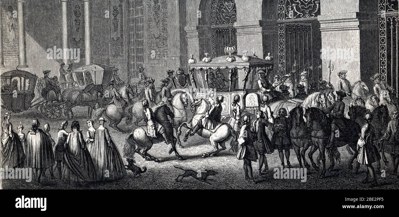 Vie quotidienne de la cour sous Louis XIV : la reception d'un ambasciatore a Versailles, debutto 18eme siecle (vita quotidiana alla corte reale di Versaille Foto Stock