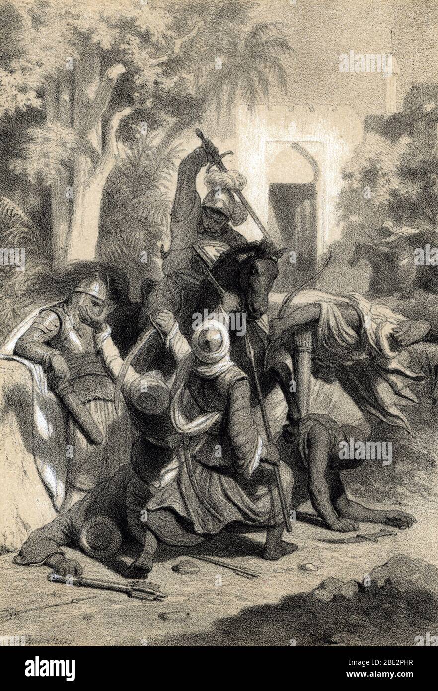 Septieme croisade : 'Gaucher IV de Chatillon difendere seul l'entree d'une rue du faubourg de la ville de Minieh en Haute-Egypte, pour assurer la securit Foto Stock