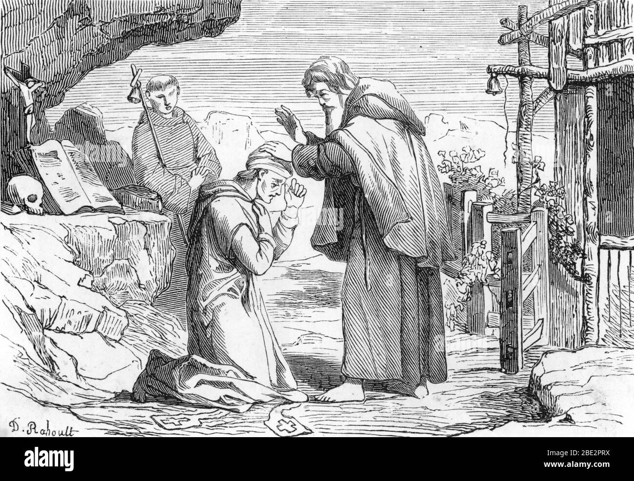 Rappresentanza de Saint Macaire d'Alexandrie dit le Jeune ermite en Egypte (4eme siecle) (San Macario di Alessandria o Macario il più giovane) incisione Foto Stock