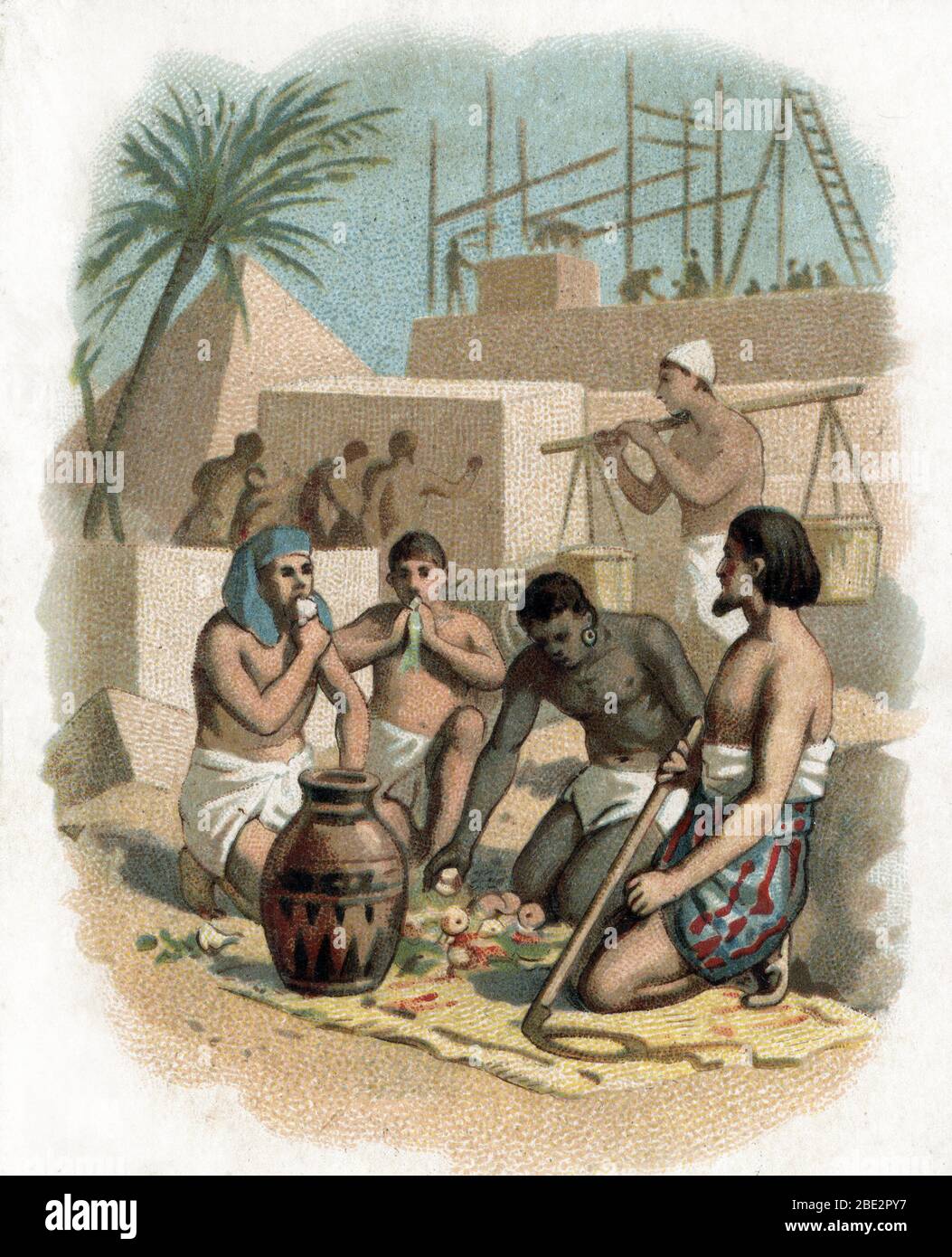 Antichite egyptienne : la pausa dejeuner des ouvriers egyptiens et esclaves travaillant sur le chantier de construction des Pyramides de Gizeh, Egypte Foto Stock