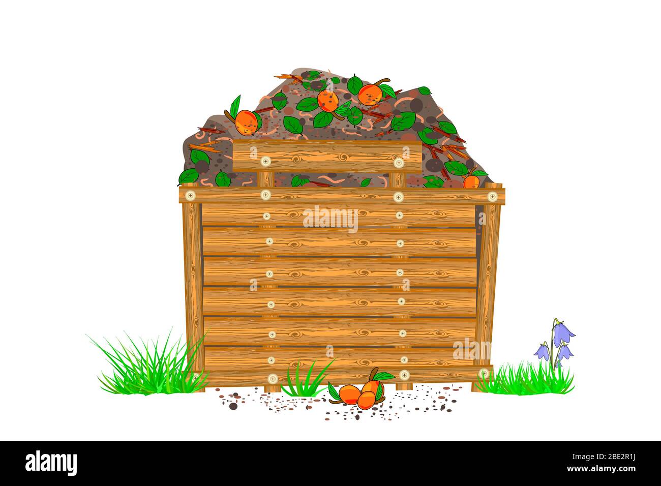 Composto scatola di legno isolato su sfondo bianco. Palo di composto con suolo, lombrichi e rifiuti organici. Zero sprechi. Fertilizzanti organici. Vettore di stock Illustrazione Vettoriale