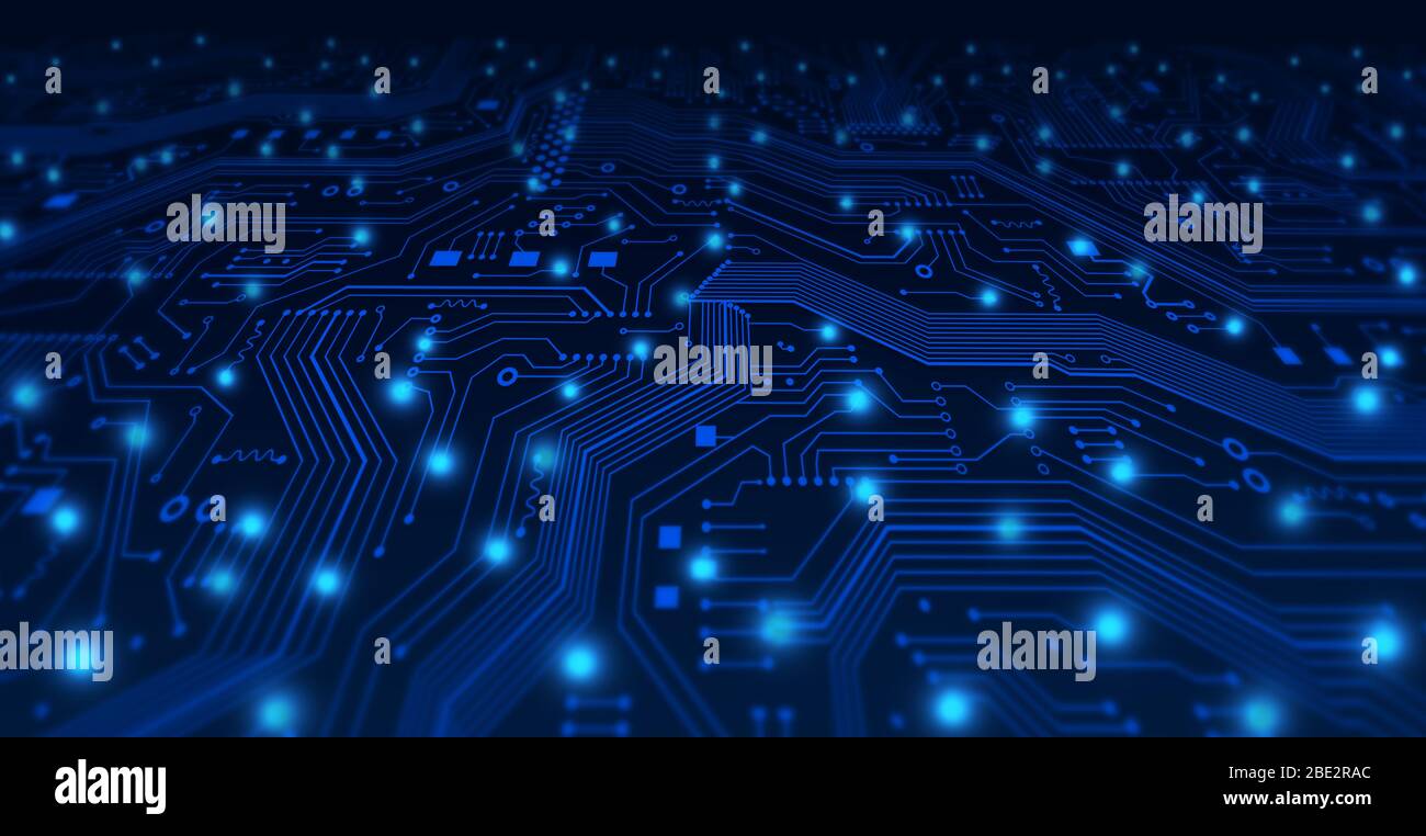 Tecnologia digitale. Scheda madre elettronica con luci blu luminose, illustrazione macro. Panorama Foto Stock