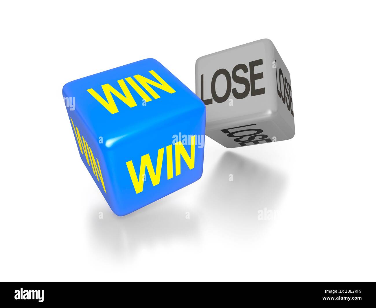 Zwei Wuerfel vor weissem Hintergrund, auf denen die Worte "Win" und "perdere" zu sehen sind. Foto Stock