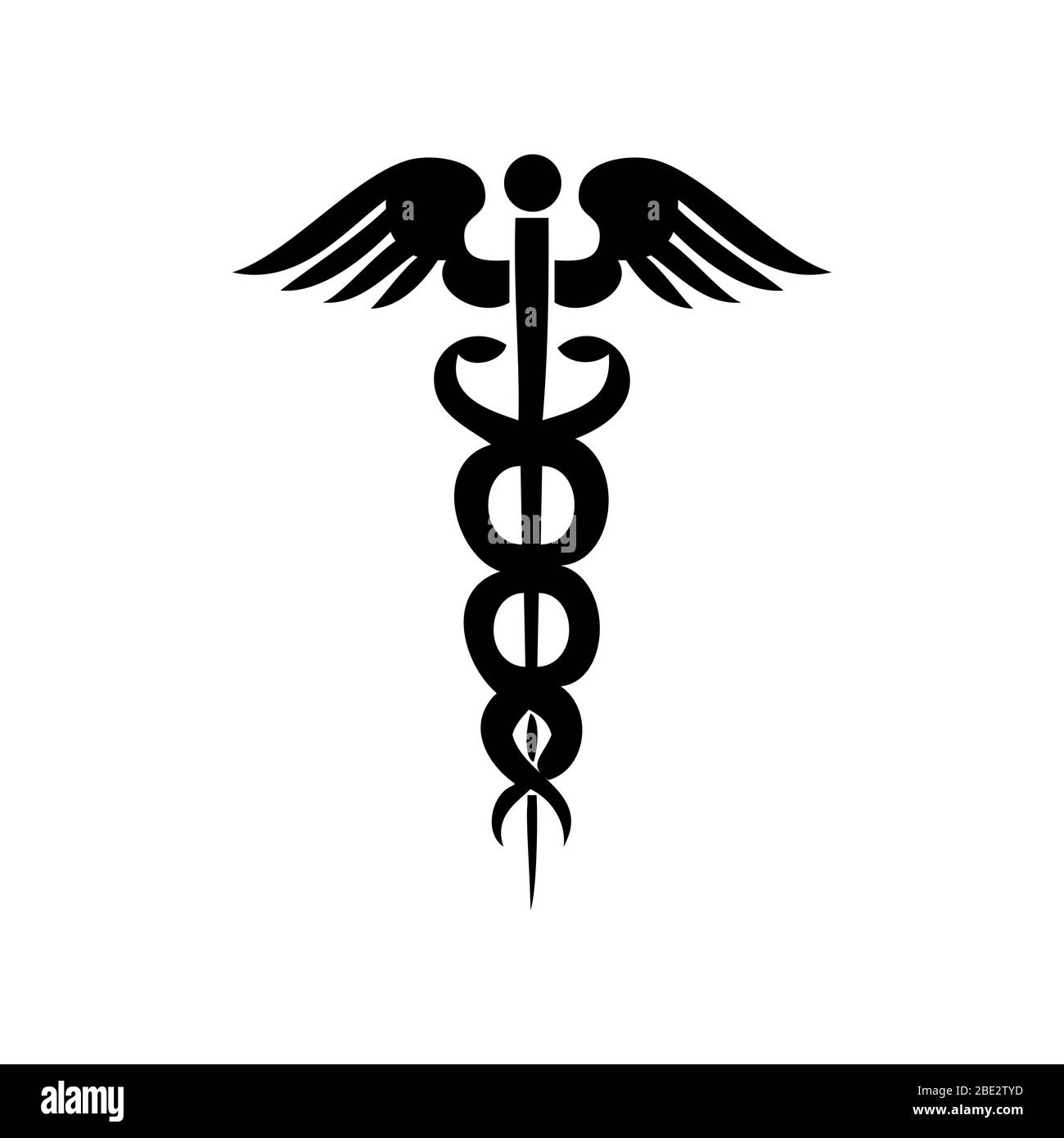 Simbolo di Caduceo la bava di Asclepio, il personale di Hermes nella mitologia greca, il logo dell'illustrazione vettoriale in bianco e nero, è simbolo della pace e più tardi un Illustrazione Vettoriale