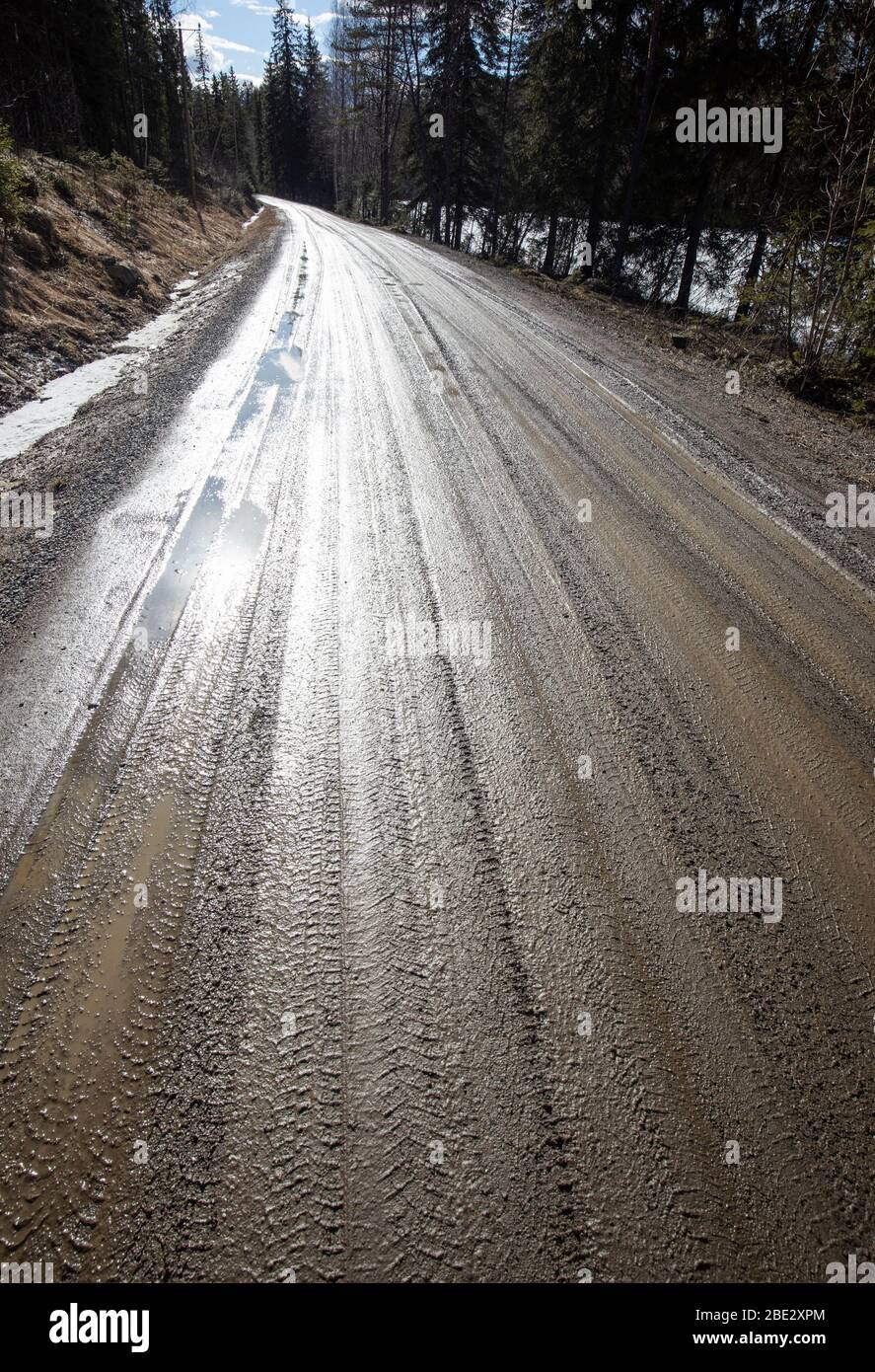 Vuota strada sterrata umida e fangosa in corrispondenza dello scongelamento della molla Foto Stock