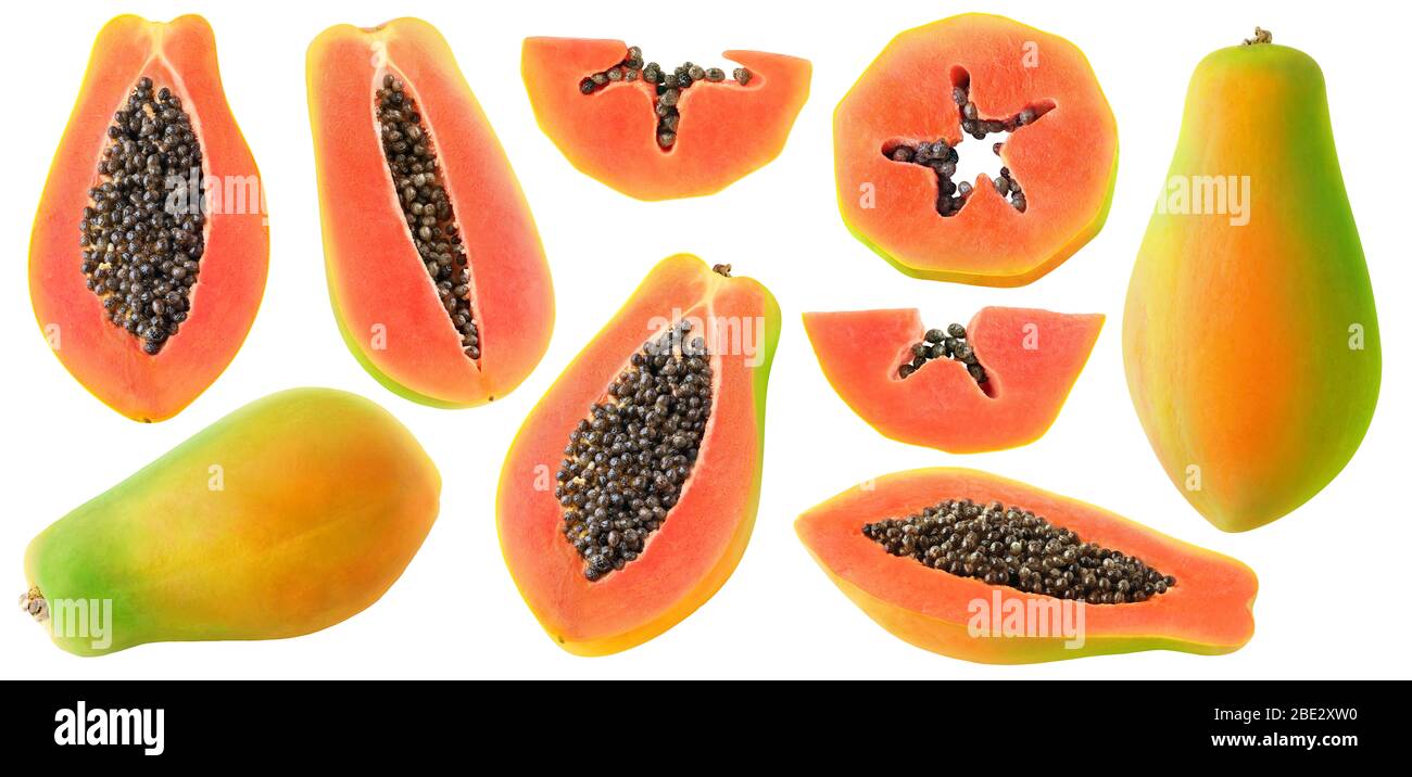 Frutti isolati di papaia. Collezione di pezzi di papaia isolati su sfondo bianco Foto Stock