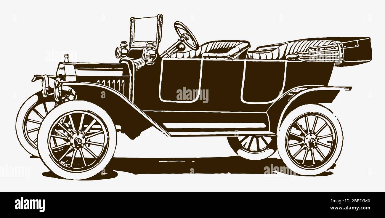 Classica auto da turismo per cinque passeggeri con vista laterale. Illustrazione dopo un'incisione storica dell'inizio del XX secolo Illustrazione Vettoriale