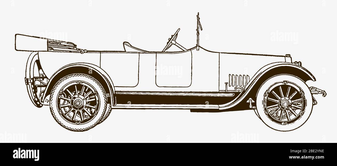 Auto classica da turismo in vista laterale. Illustrazione dopo un'incisione storica dell'inizio del XX secolo Illustrazione Vettoriale