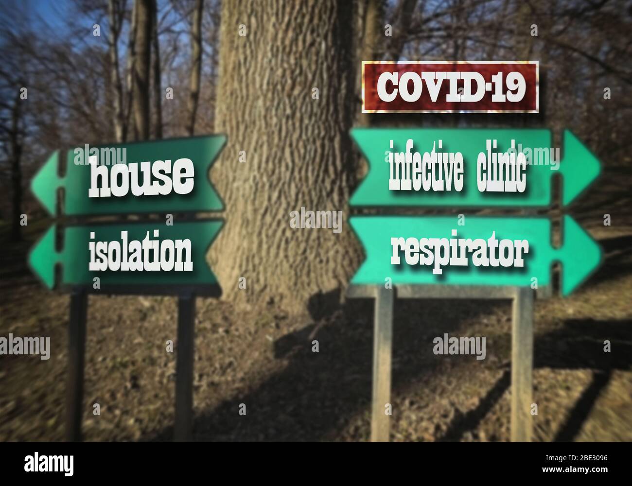 COVID-19. Indicazioni per il parco: Casa - isolamento, clinica infettiva - respiratore, immagine sfocata. Foto Stock