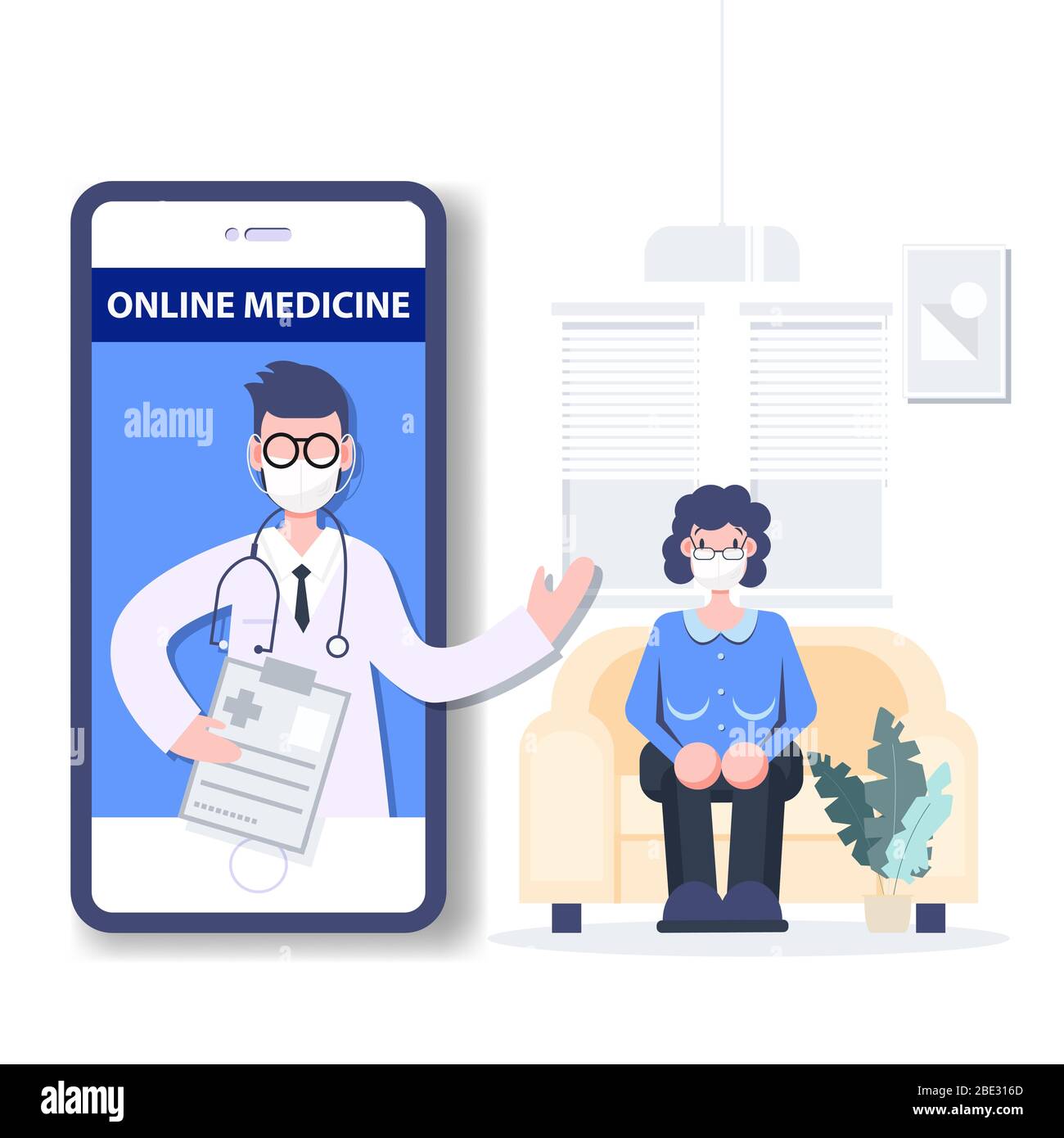 Tele medicina. Medicina online. Concetto di consulente medico. Persone che indossano maschera lotta covid-19. Epidemia di coronavirus pandemia. Piano scientifico sanitario Illustrazione Vettoriale