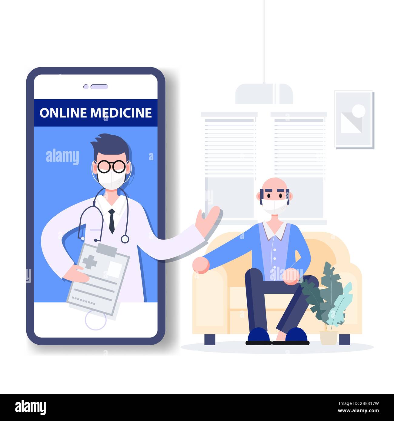 Tele medicina. Medicina online. Concetto di consulente medico. Persone che indossano maschera lotta covid-19. Epidemia di coronavirus pandemia. Piano scientifico sanitario Illustrazione Vettoriale