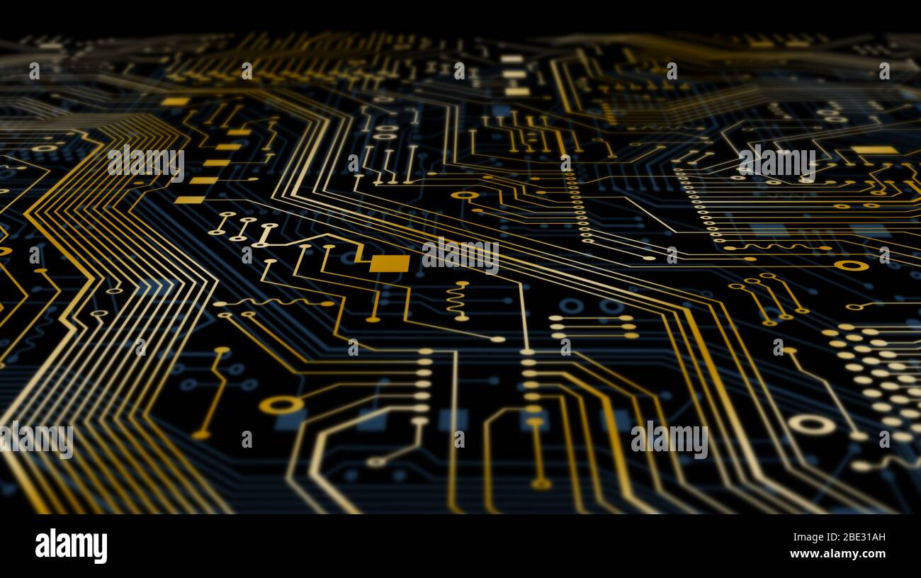 Primo piano di una scheda a circuito integrato con linee dorate, sfondo elettronico. Illustrazione. Panorama Foto Stock