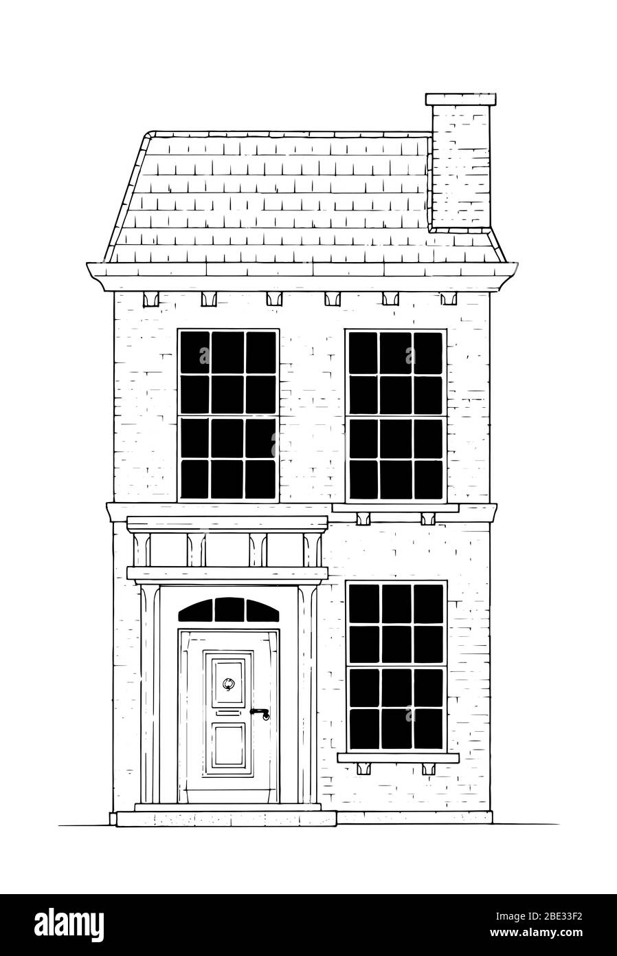 Disegno di casa classica in stile vittoriano - illustrazione in bianco e nero Illustrazione Vettoriale