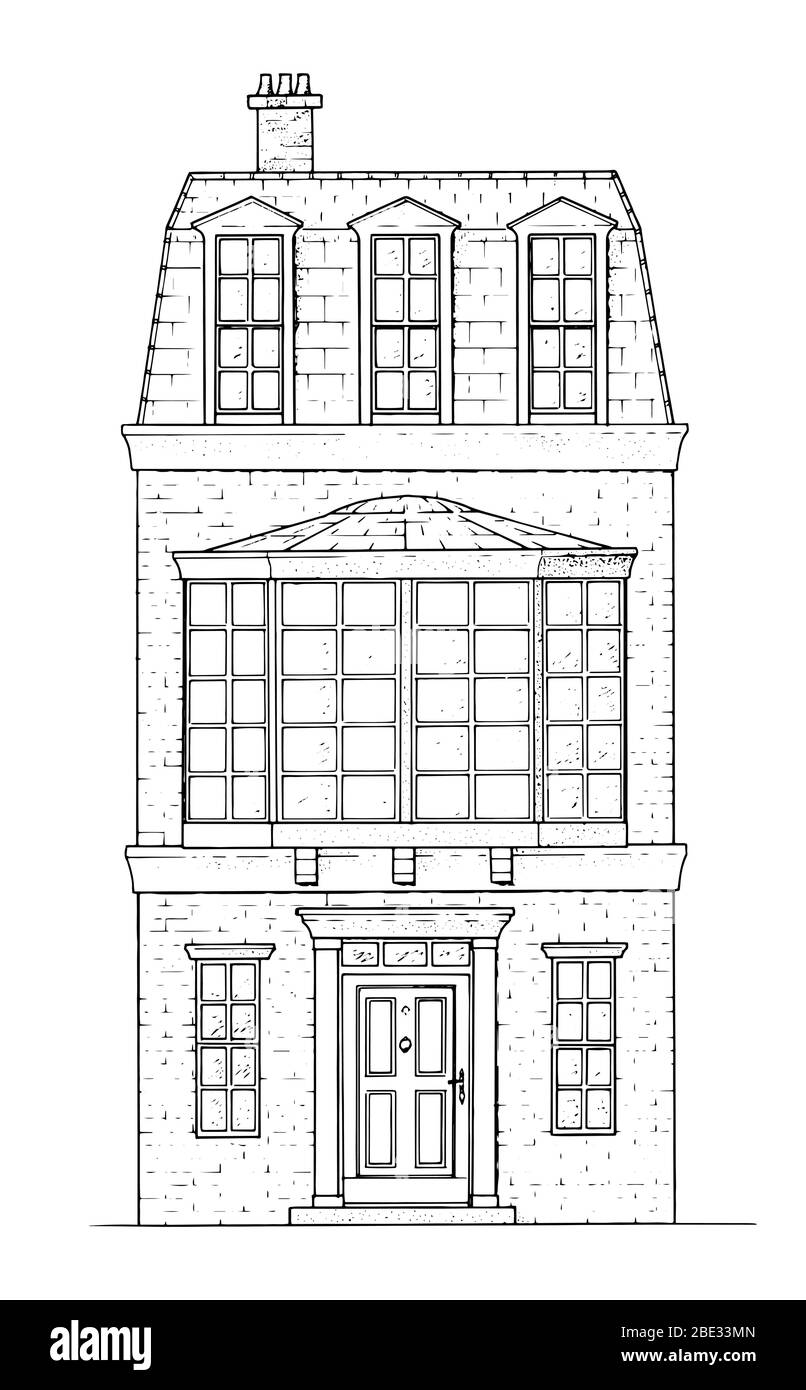 Disegno di casa classica in stile vittoriano - illustrazione in bianco e nero Illustrazione Vettoriale