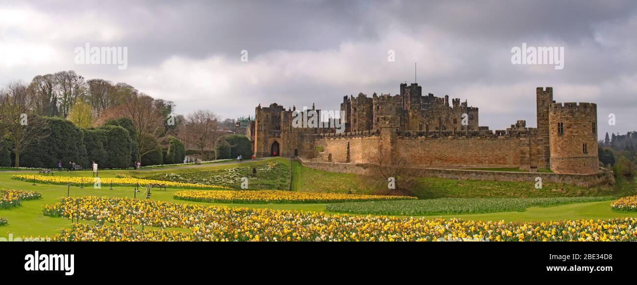 Alnwick Castle panorama, Alnwick, Northumberland, North East England, Regno Unito, NE66 1NQ Foto Stock