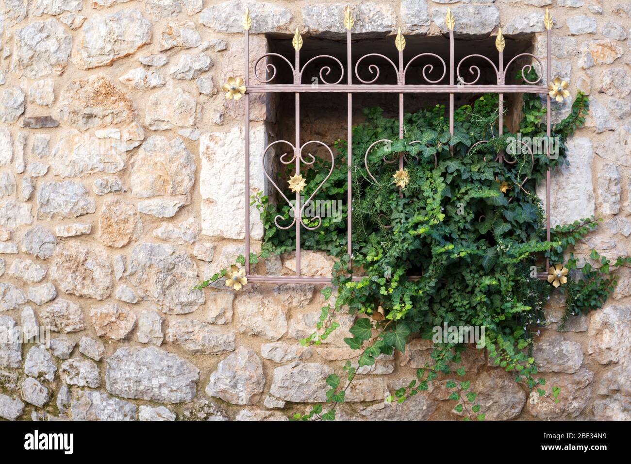 Ornamentale finestra grill su un vecchio edificio con una vite crescente hedera elica o edera inglese edy Foto Stock
