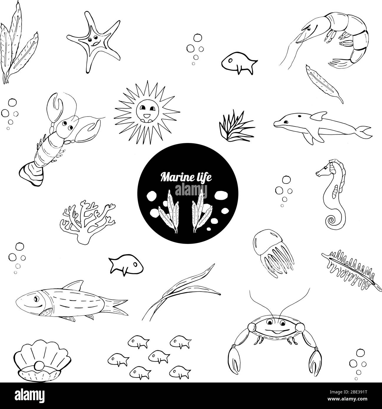 Collezione di creature marine LIFE. Creature vettoriali oceaniche isolate su sfondo bianco. Pagina del libro da colorare, adesivi. Elemento artistico per il design. Illustrazione Vettoriale