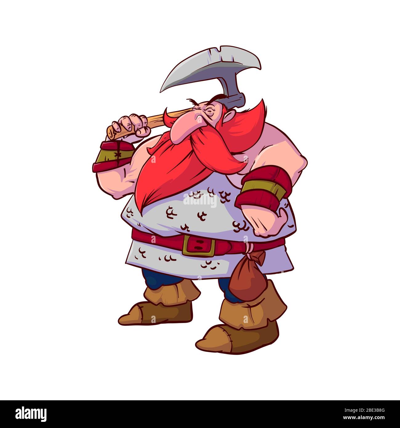 Illustrazione vettoriale colorata di un guerriero nano con cartoni animati, con capelli rossi e barba, indossando una corazza a catena, armato di un'ascia da battaglia gigante. Illustrazione Vettoriale