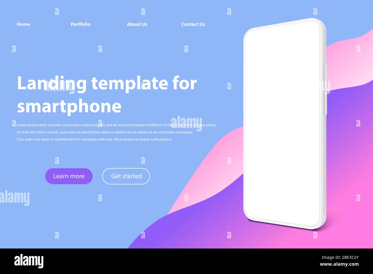 Mockup bianco della landing page dello smartphone. Schermo per smartphone senza cornice, modello di presentazione delle app mobili e telefono cellulare con un'illustrazione vettoriale realistica Illustrazione Vettoriale