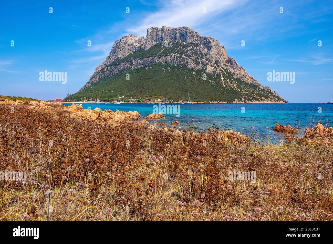 Vista panoramica delle scogliere e delle pendici del massiccio principale, Monte Cannone, dell'isola Tavolara vista dalla riserva naturale di Spalmatore di Terra sul Tyrrrrr Foto Stock