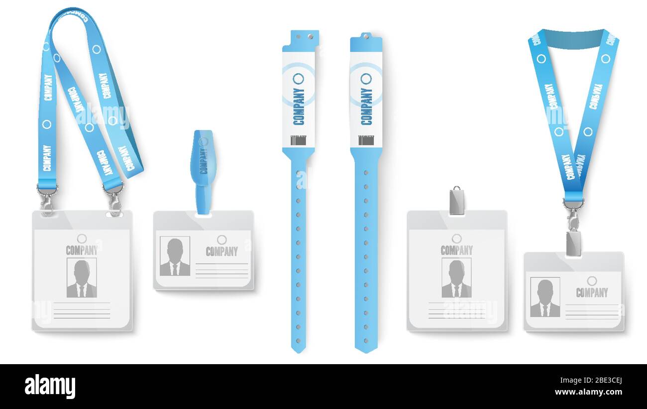 Badge della carta di identificazione. Carte di identificazione degli eventi, badge sul cordino e set vettoriale realistico con mockup blu. Pass dipendente, modello schede di accesso Illustrazione Vettoriale