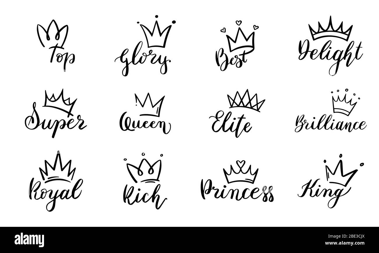Doodle corone lettere. Corona con elementi di testo, schizzo, maestoso set di vettori logo tiara. Pacchetto Calligraphy con simbolo di potere reale. Disegnato a mano Illustrazione Vettoriale