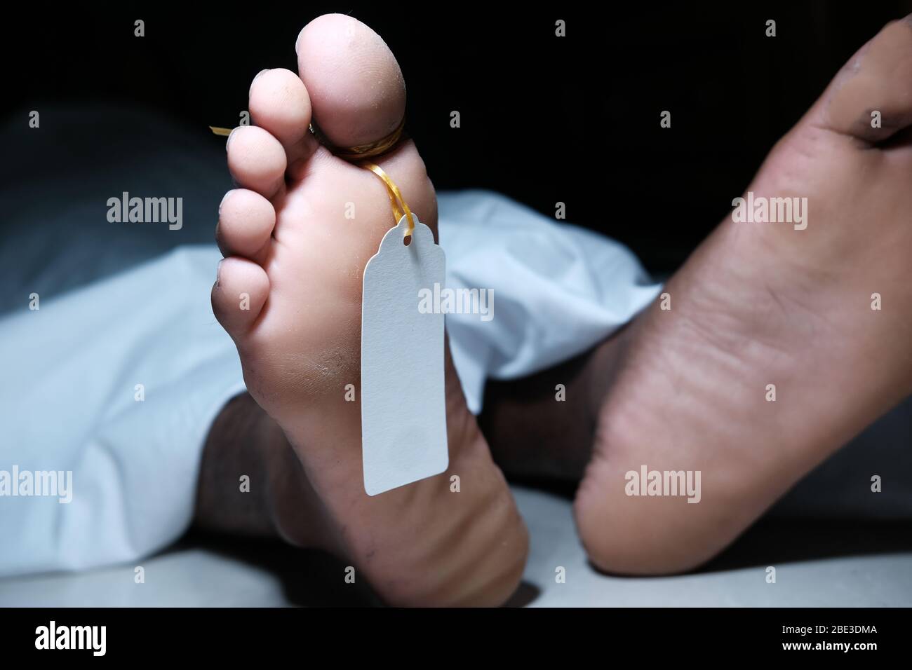 Due piedi di un corpo morto con un tag attaccato alla punta Foto Stock