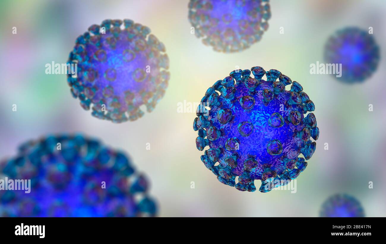 Particelle di coronavirus Covid-19, illustrazione. Il coronavirus SARS-cov-2 (precedentemente 2019-nCoV) è stato identificato per la prima volta a Wuhan, in Cina, nel dicembre 2019. È un virus dell'RNA (acido ribonucleico) con involucro. SARS-cov-2 causa l'infezione respiratoria Covid-19, che può portare a polmonite fatale. Foto Stock