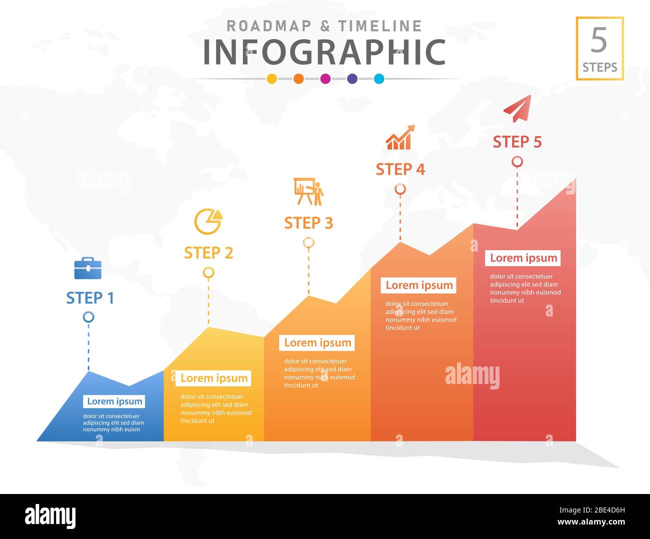 Modello infografico per le aziende. Diagramma della timeline moderna a 5 passi con grafici, infografica vettoriale di presentazione. Foto Stock