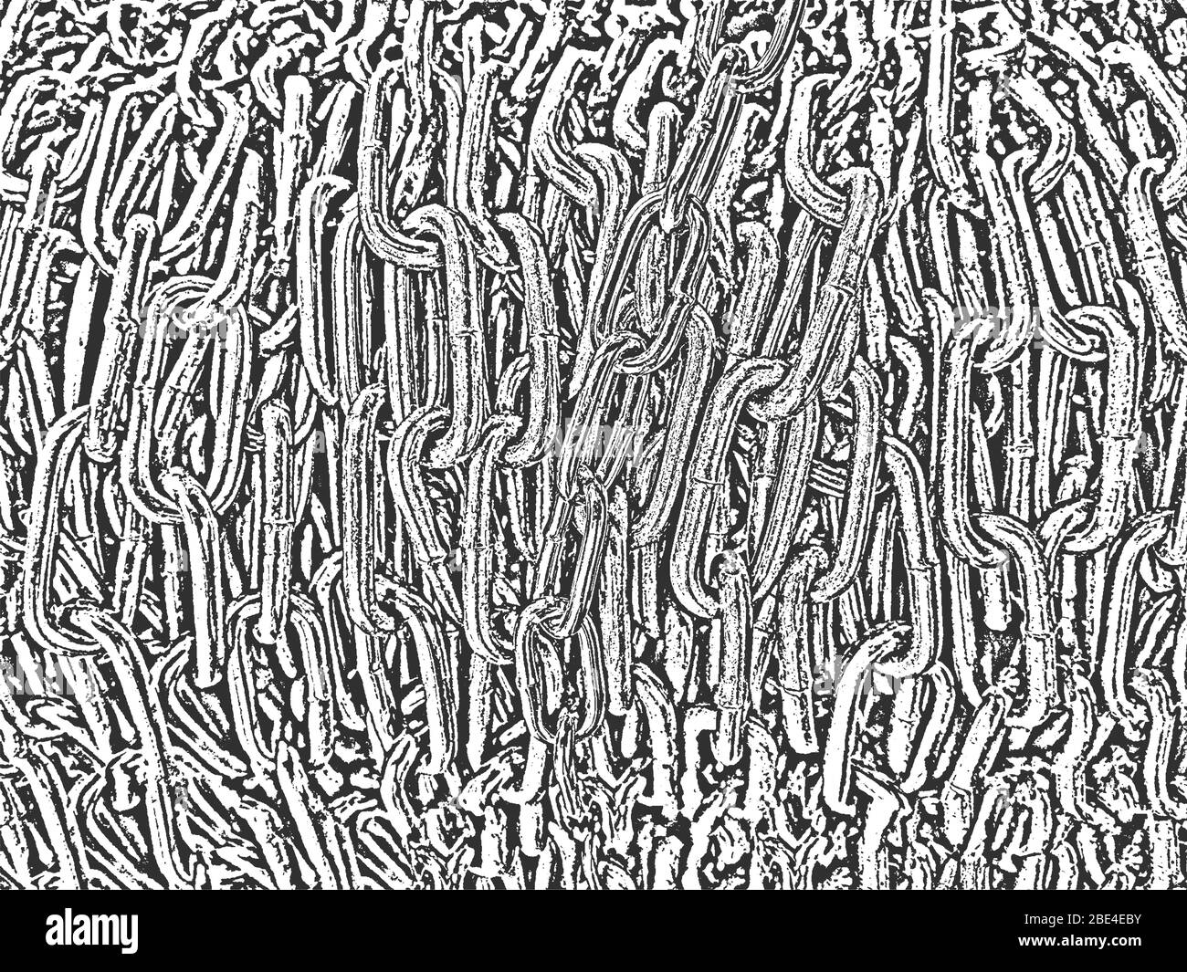 Distress vecchio arrugginito pelato, rivestito di metallo trama vettoriale con elemento a catena metallica. Figura EPS8. Sfondo nero e bianco grunge. Illustrazione Vettoriale
