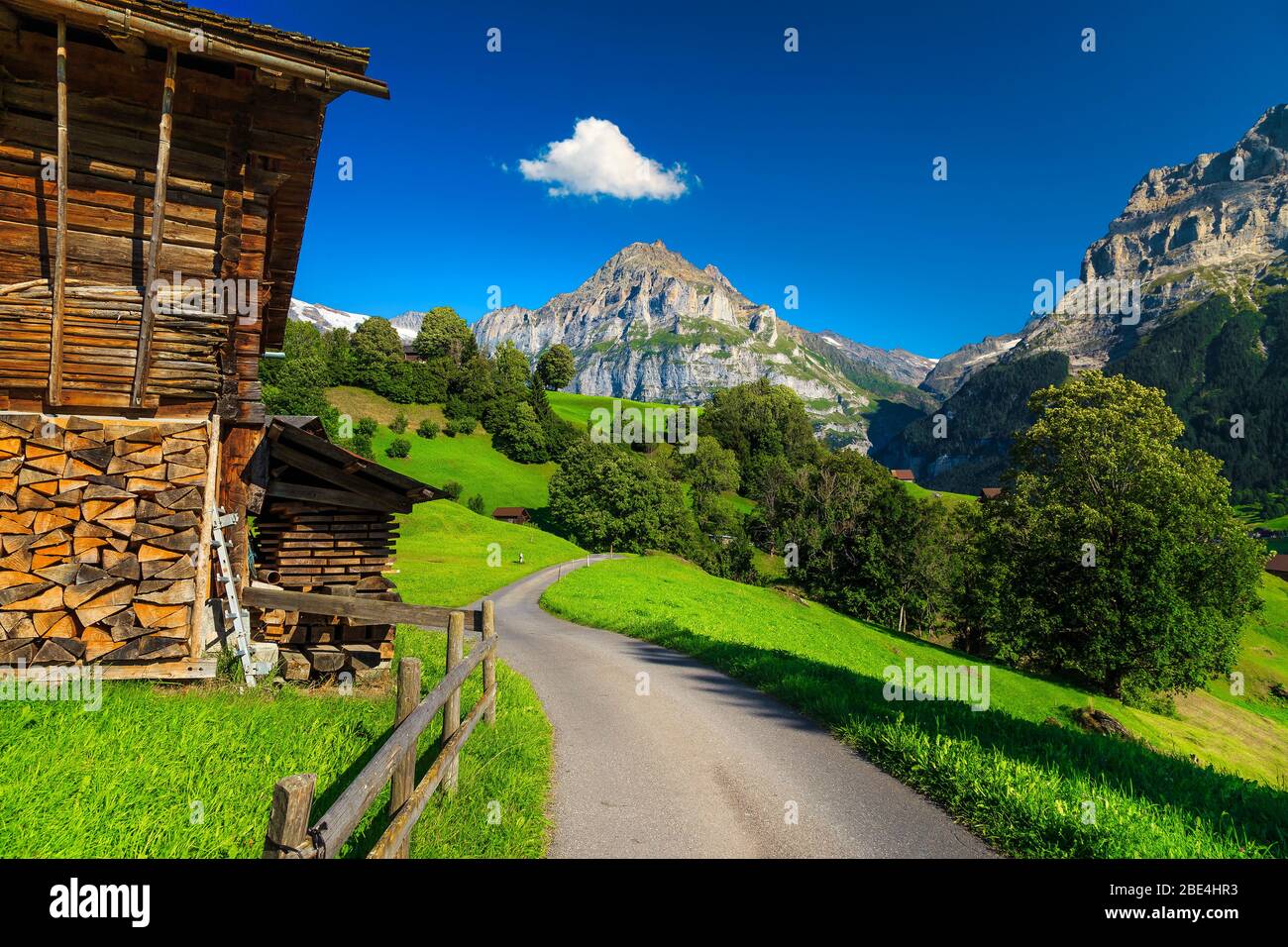 Stretto sentiero rurale con casette in legno, campi verdi e montagne sullo sfondo, Grindelwald villaggio, Oberland Bernese, Svizzera, Europa Foto Stock