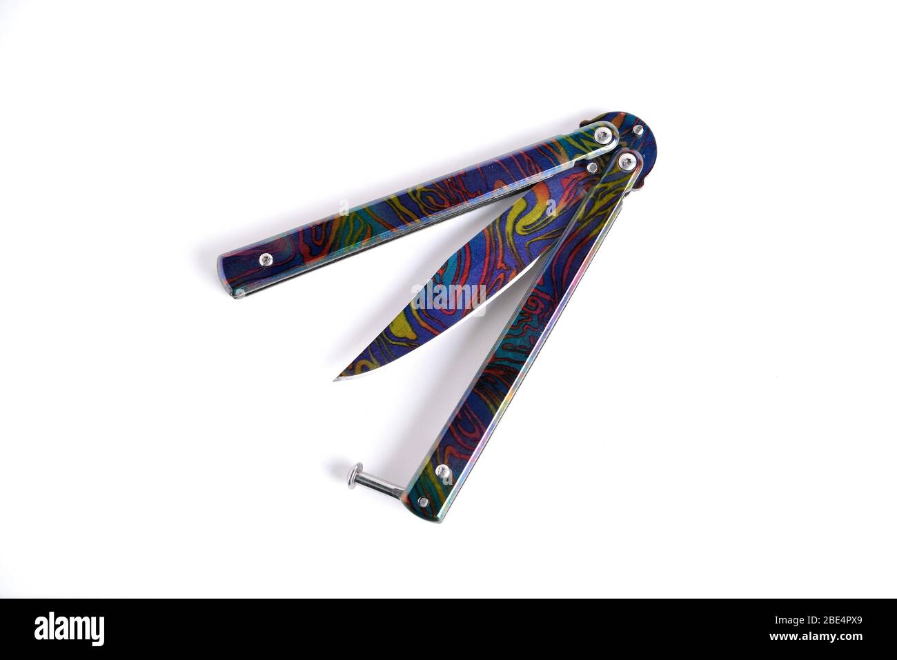 coltello farfalla multicolore colore bianco sfondo primo piano Foto Stock