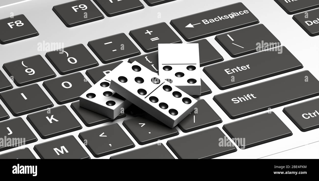 Gioco di domino online. Riquadri Domino su uno sfondo di un computer portatile. Giocare all'app online domino. illustrazione 3d Foto Stock