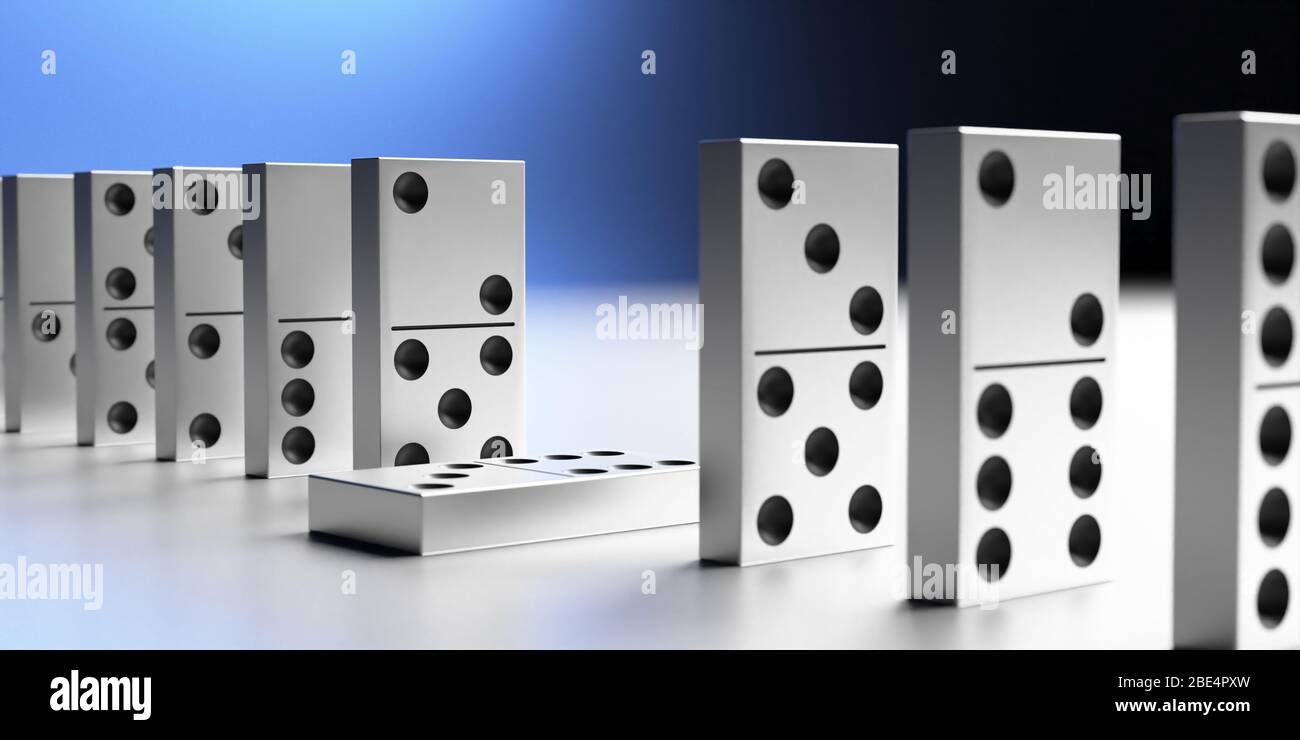Mattonelle del domino che stanno in una linea, uno cadde giù. Strategia aziendale, equilibrio, concetto di effetto domino. illustrazione 3d Foto Stock