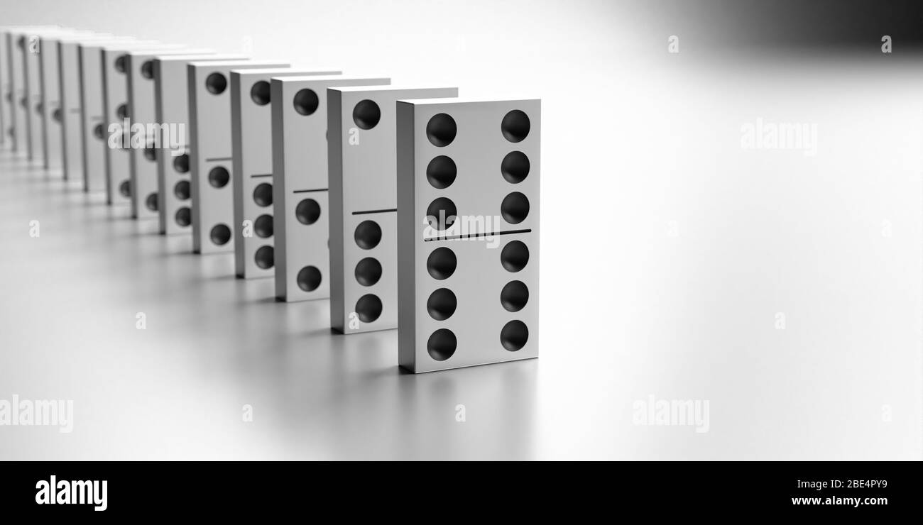 Mattonelle Domino in piedi in una linea su sfondo bianco. Strategia aziendale, equilibrio, concetto di effetto domino. illustrazione 3d Foto Stock